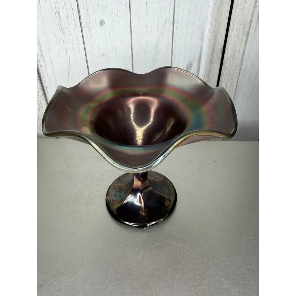 VTG Northwood Rainbow Deep Amethyst Carnival Glass Compote Candy Dish